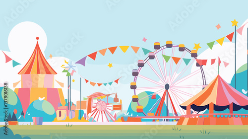 Obraz na płótnie Colorful cartoon amusement park with ferris wheel and tents in a cheerful landscape w salonie