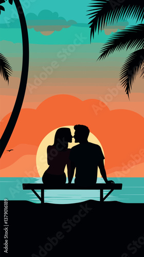 Silhouette of couple at sunset beach with palm trees and ocean view