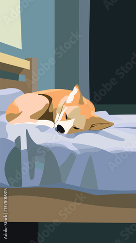 Sleeping corgi on bed in cozy bedroom interior illustration