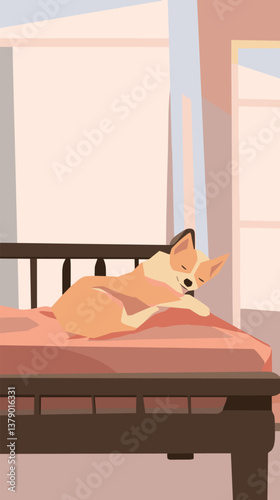 Sleeping corgi on bed in cozy room with warm tones