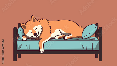 Cartoon shiba inu sleeping on bed with blue pillow, relaxing pet illustration