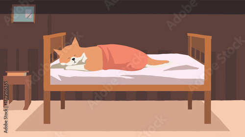 Cozy sleeping dog in bed with red blanket in minimalist room setting