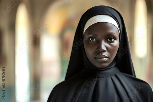 Young african nun stands in the serene setting of a church cloister, her contemplative expression reflecting a deep sense of devotion and spirituality