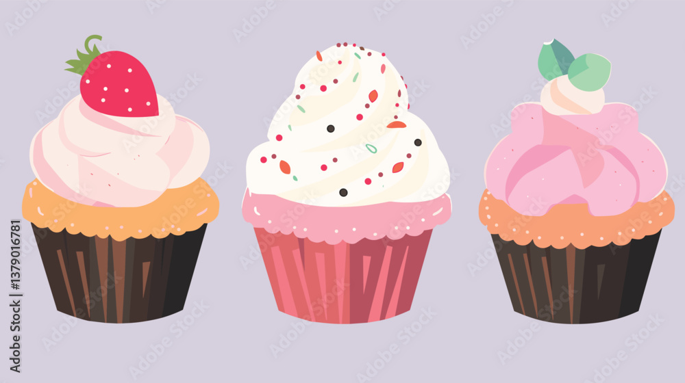 Three colorful cupcakes with cream toppings and sprinkles on a light background