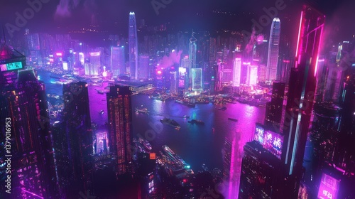 Spectacular Hong Kong skyline at night, a dazzling view with neon lights reflection photo