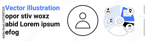 User profile icon with gear, network links, documents, and avatar nodes. Ideal for user management, networking, data sharing, collaboration, HR technology simple landing page
