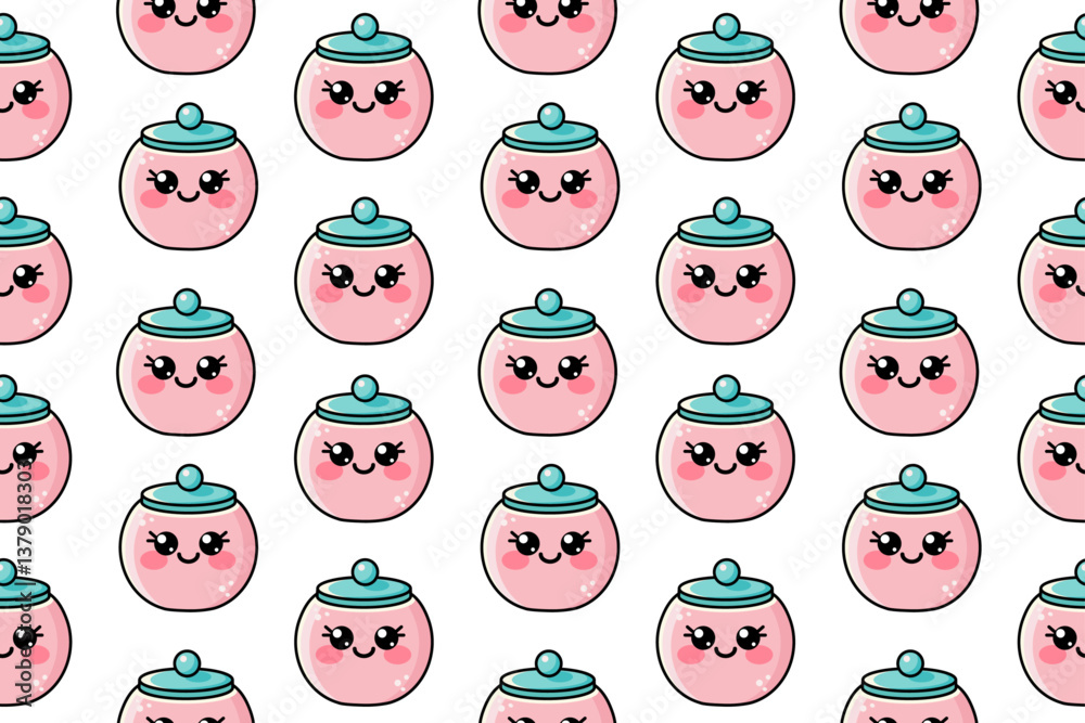Seamless pattern with cute kawaii pink sugar bowl Seamless pattern with cute kawaii pink sugar bowl