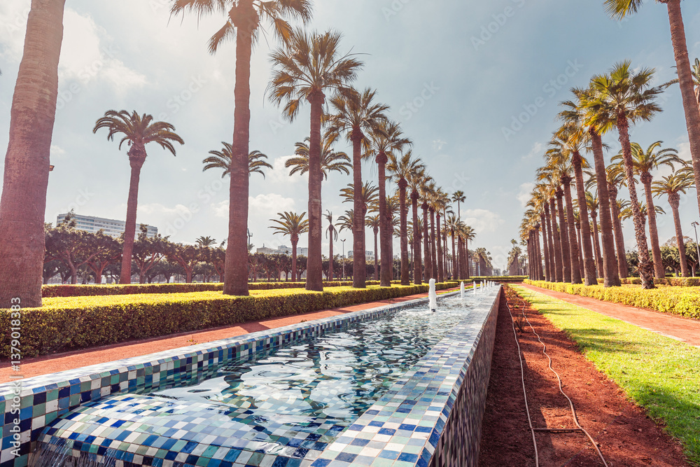 Scenic view of the manicured hedges, palm trees, and water features creating a peaceful oasis in the Arab League Park in Casablanca