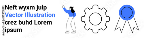 Female figure raising her hand, cogwheel symbolizing settings, ribbon badge for recognition. Ideal for teamwork, innovation, productivity, guidance, leadership, motivation simple landing page