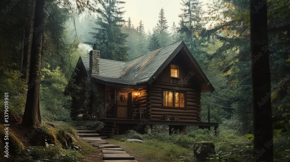 Idyllic remote log cabin nestled deeply within a serene and dense pine forest Idyllic remote log cabin nestled deeply within a serene and dense pine forest