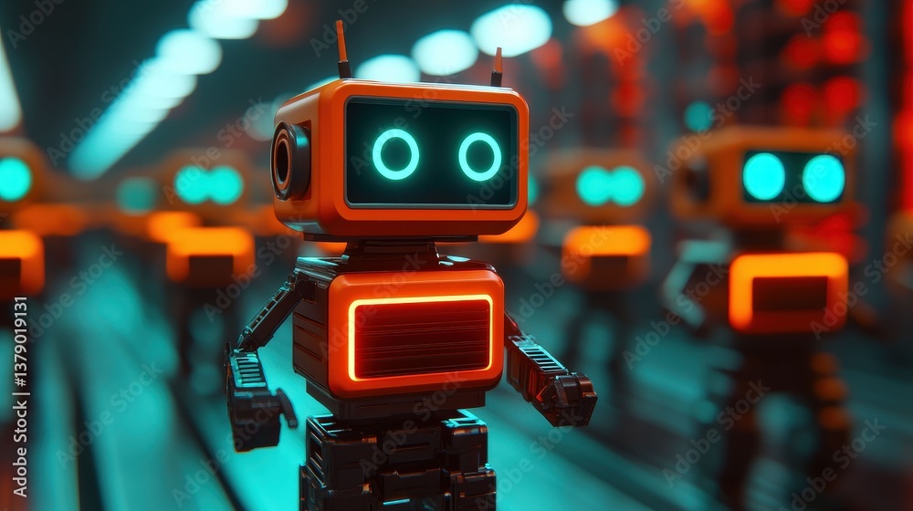Naklejka premium Futuristic Orange Robots Walking in Neon Lit Cityscape