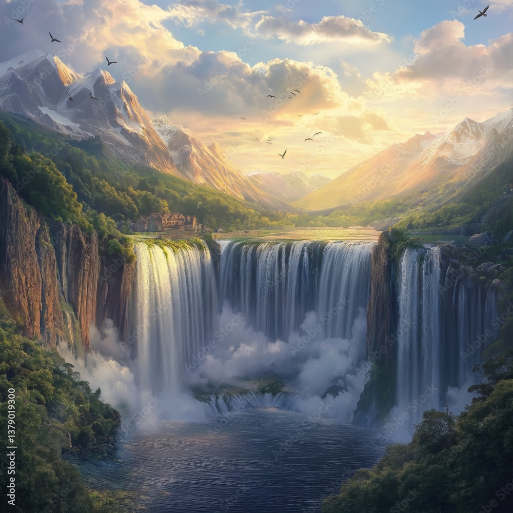 Fototapeta premium Majestic mountain waterfalls at sunset with soaring birds and lush greenery