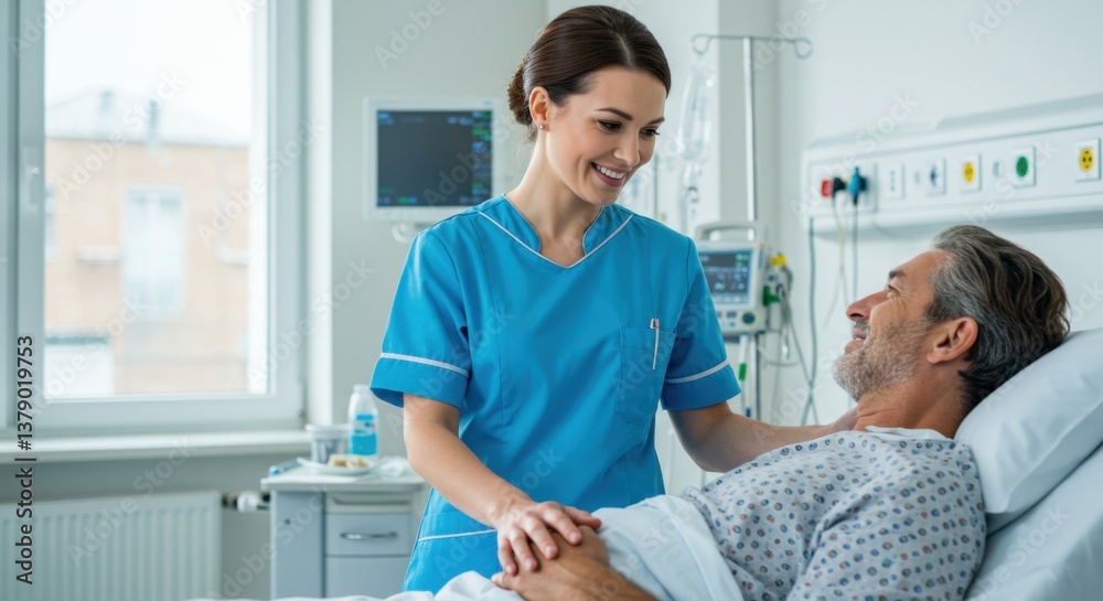 Smiling White Female Nurse in Blue Scrubs Caring for Elderly White Male Patient in Hospital Room Smiling White Female Nurse in Blue Scrubs Caring for Elderly White Male Patient in Hospital Room