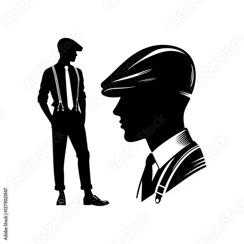Silhouette of a man in a suit, standing confidently, representing a businessman with a stylish hat and shadow, symbolizing business and professionalism