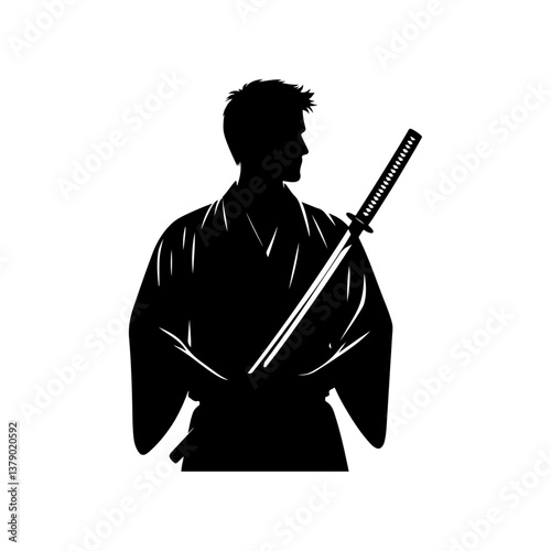 Silhouette of a Japanese samurai and girl in kimono with swords in a kendo pose, representing strength and warrior spirit in a dynamic vector illustration