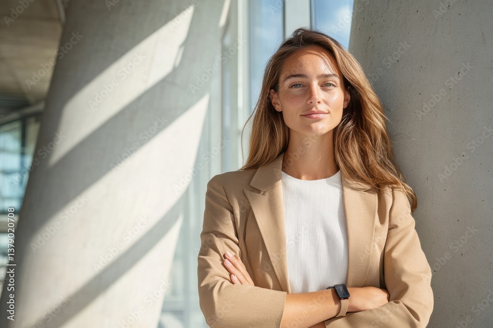 Confident young woman stands by modern architecture in a bright office during the day Confident young woman stands by modern architecture in a bright office during the day