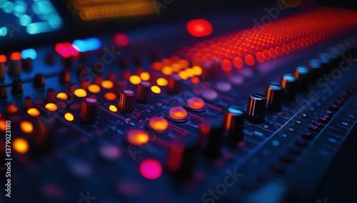Professional audio mixing console close-up. Colorful illuminated controls photo