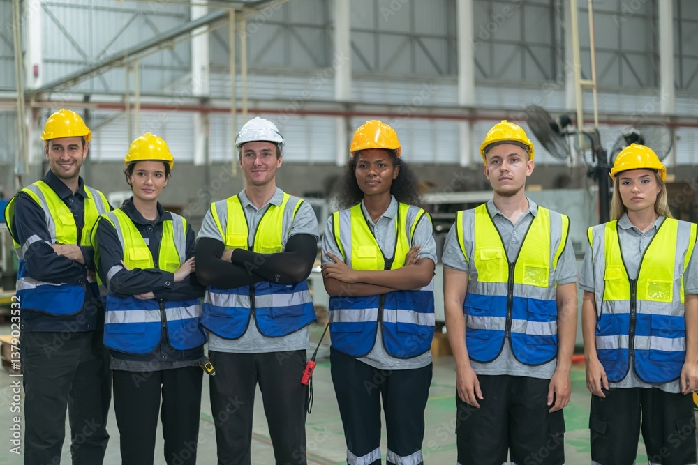 A diverse team of construction workers standing confidently, showcasing teamwork and professionalism in an industrial setting. A diverse team of construction workers standing confidently, showcasing teamwork and professionalism in an industrial setting.