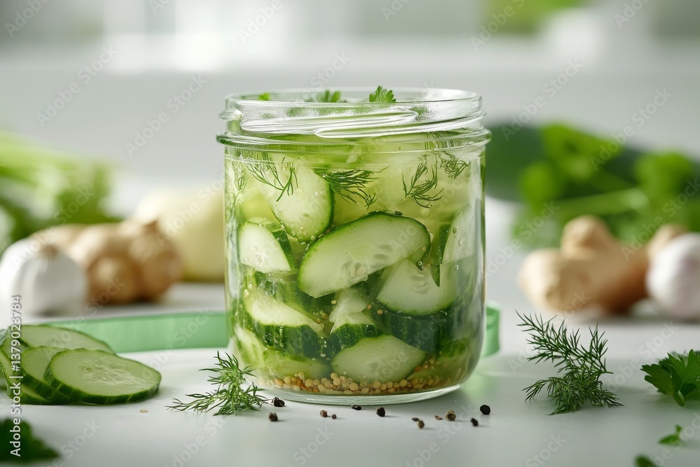 Cucumbers Being Pickled With Dill and Spices in a Glass Jar on a Kitchen Countertop Cucumbers Being Pickled With Dill and Spices in a Glass Jar on a Kitchen Countertop
