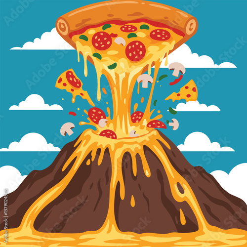 erupting pizza volcano with molten cheese lava and flying toppings, creative solid color vector illustration