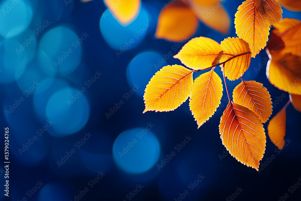 Vibrant autumn leaves in shades of orange against blue background create stunning visual contrast, evoking feelings of warmth and tranquility