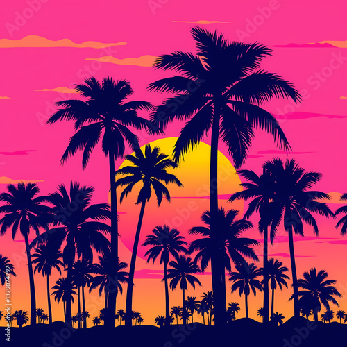 Retro vaporwave-inspired palm tree pattern with sunset gradients, nostalgic 80s aesthetics.
