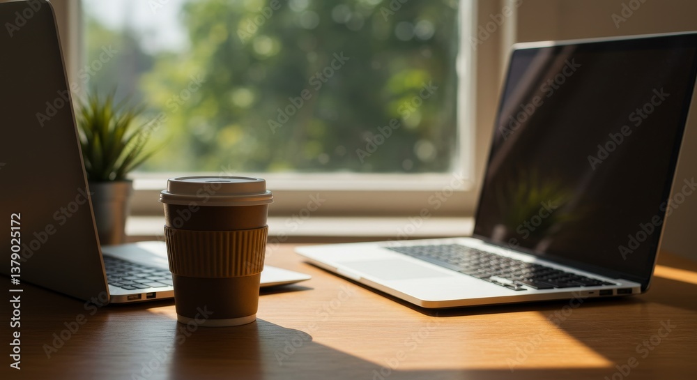Fototapeta premium Coffee cup on desk between two laptops with natural light