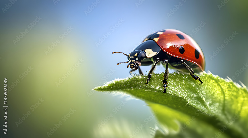 A ladybug perched on a green leaf, with a bright blue sky in the background, its vivid red color creating a beautiful contrast against the natural landscape. A ladybug perched on a green leaf, with a bright blue sky in the background, its vivid red color creating a beautiful contrast against the natural landscape.