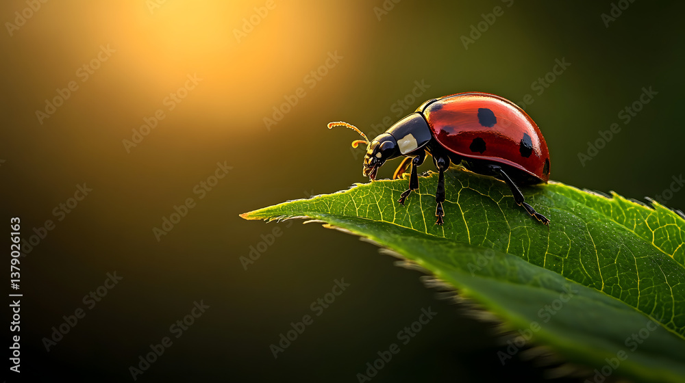 Fototapeta premium A ladybug perched gracefully on a green leaf, its red shell with black spots clearly visible under the soft glow of early morning light.