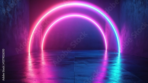 Neon semicircle in a room, vibrant and modern, representing a portal or stage