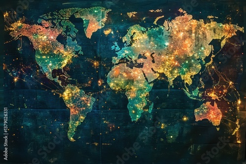 A photo capturing a map of the world adorned with numerous bright lights A world map showing thousands of connected nodes representing a global blockchain network.