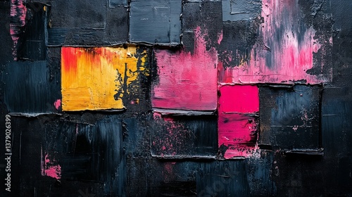 Abstract textured painting, dark and vibrant, representing modern art