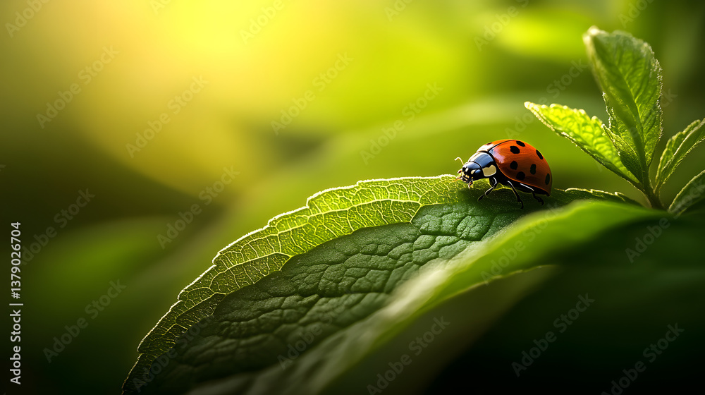 Obraz premium A ladybug resting on a lush green leaf, with bright sunlight shining through the leaves creating a beautiful pattern of light and shadows around it.