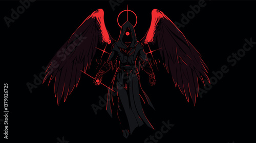 Dark angel of death with red halo and black wings in hooded robe