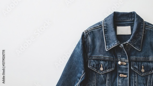 A stylish denim jacket laid flat, displayed on a white background with room for text
