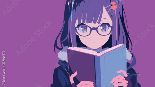 Anime girl with purple hair and glasses reading a book on purple background