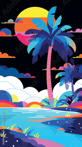 Colorful tropical landscape with palm trees and sunset