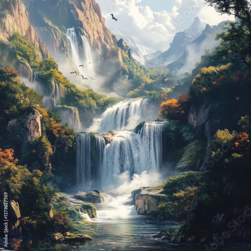 Serene mountain landscape with waterfalls and lush foliage