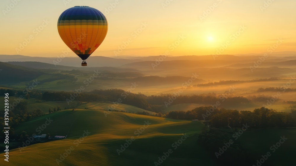 Fototapeta premium An airborne hot air balloon floats over a sunlit landscape during sunrise