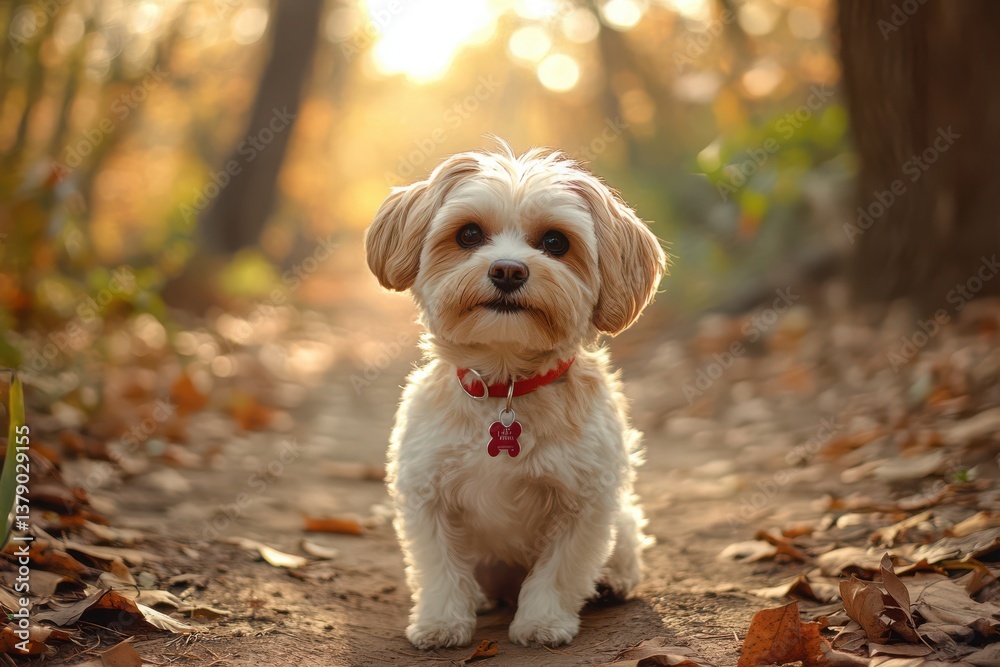 A small dog with a red collar sitting on a path in a forest with autumn leaves around it looking forward on transparent background A small dog with a red collar sitting on a path in a forest with autumn leaves around it looking forward on transparent background