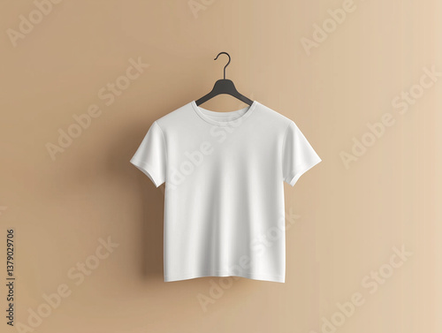 White T-Shirt mockup on Beige Background Hanging on Hanger  
