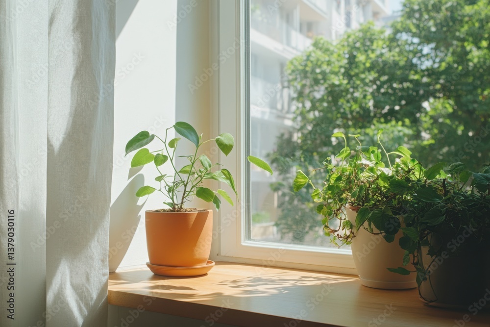 Fototapeta premium Indoor plants basking in sunlight by a window with greenery outside in a bright, serene environment