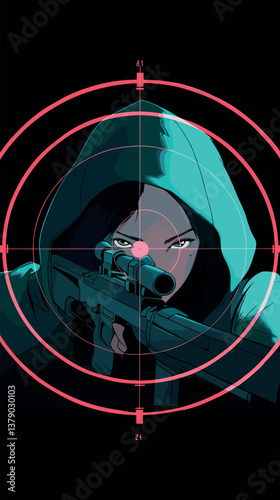 Hooded female sniper in target crosshair graphic art