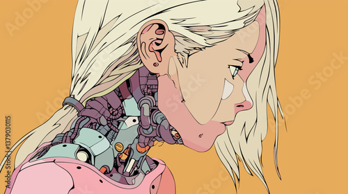 Cybernetic young caucasian female with blonde hair and futuristic neck mechanisms