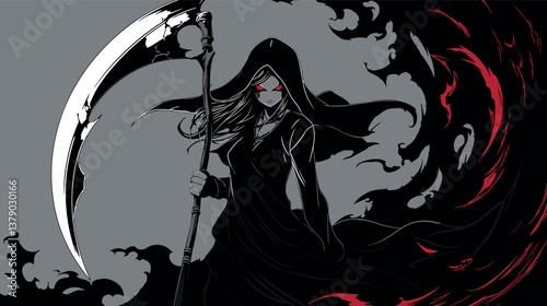 Hooded figure with scythe and red eyes in dark anime style artwork with swirling shadows