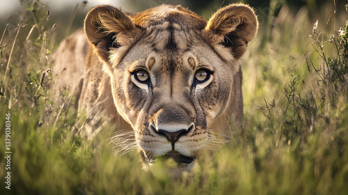 A lion roams through high grass to ambush her prey