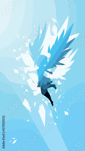 Silhouette of a winged figure in abstract blue shattered style