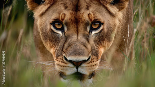 A lion roams through high grass to ambush her prey