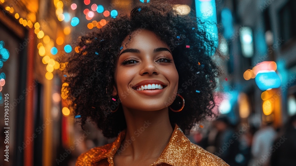 Joyful Evening Stroll: Vibrant City Lights and Smiling Woman with Curly Hair Joyful Evening Stroll: Vibrant City Lights and Smiling Woman with Curly Hair