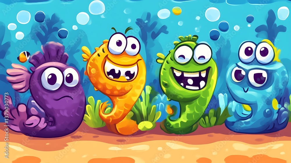Obraz premium Playful Cartoon Sea Creatures Frolic Underwater